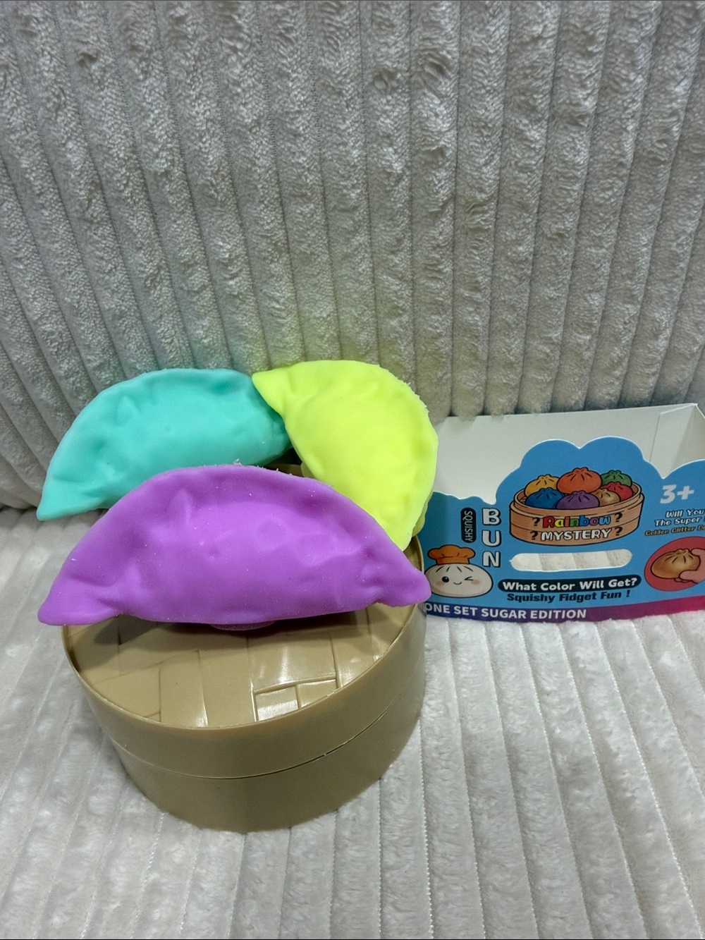 Rainbow Mystery Squishy Pot Sticker Dumplings-set of 3- Purple, Teal, Yellow.